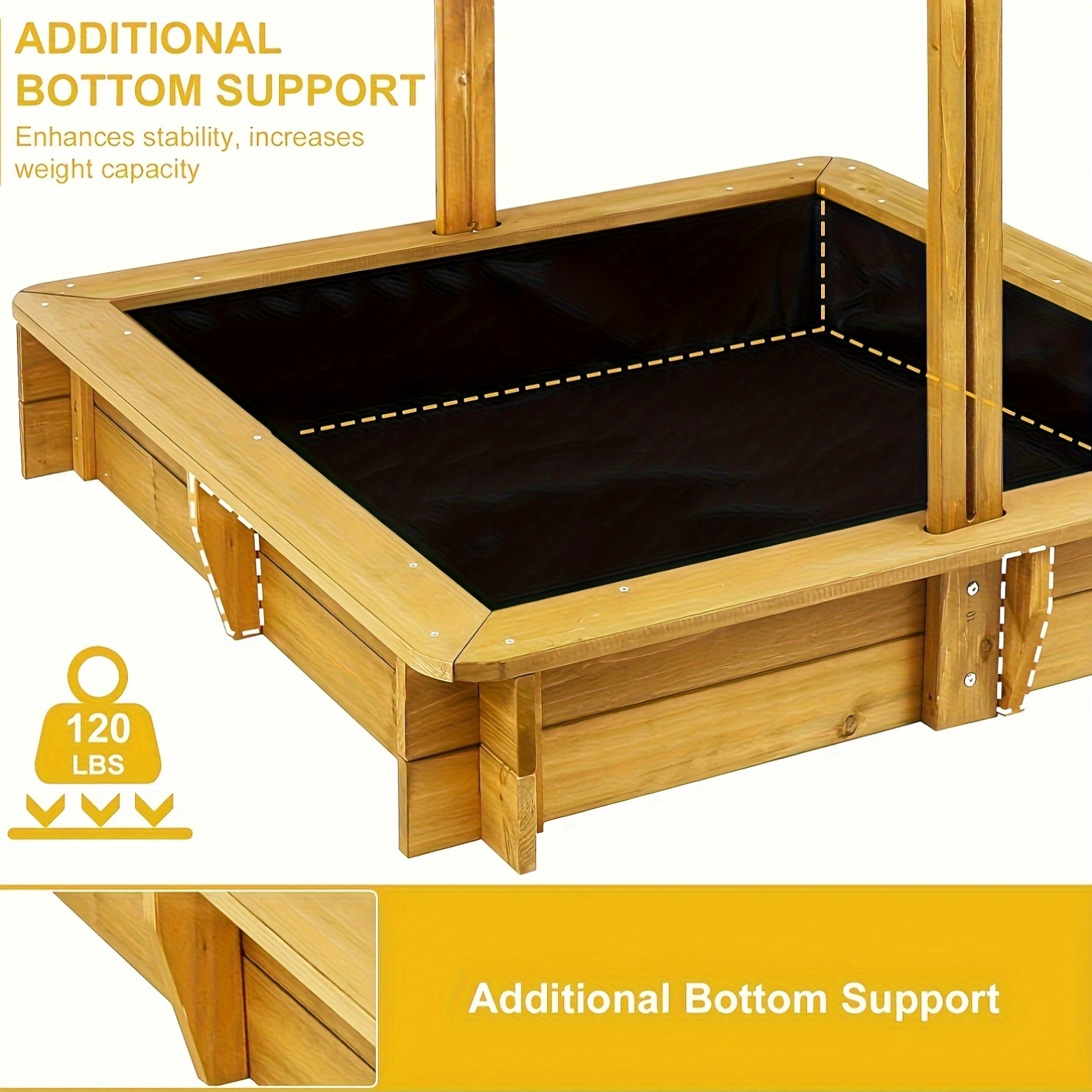 KETIVE Wooden Sandbox With Cover, Outdoor Kids Sand Box With Lid 4 Reinforced Bench Seats & UV-Resistant, Height Adjustable Canopy All-Round Bottom Liner Outdoor For Backyard Beach (45.3'' X 45.3'') - Image 3