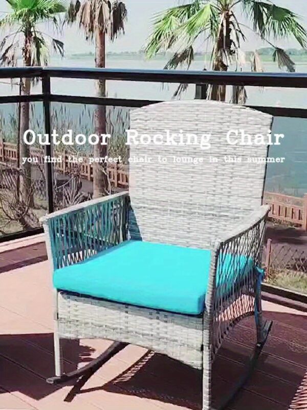Outdoor Wicker Rocking Chair Set, 3pcs Patio Conversation Furniture Bistro Set with Glass Top Coffee Table and Cushions for Garden Porch and Balcony - Image 10