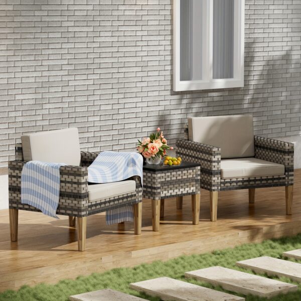 3pcs Wicker Bistro Set, Outdoor Conversation Furniture Set With Side Table& Cushions, Rattan Patio Furniture Set For Garden, Backyard, Porch, Poolside - Image 4