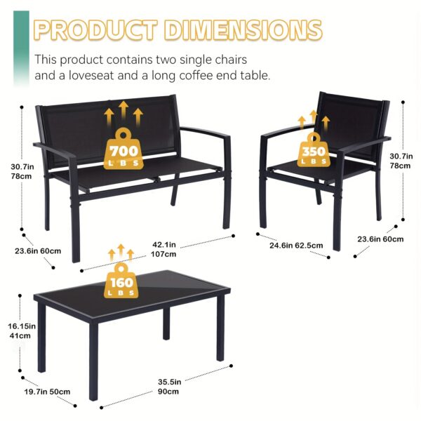 HARAISEDK 4pcs Patio Chair Set Outdoor Only Garden Patio Conversation Sets Poolside Chairs With Tempered Glass Coffee Table Loveseat Porch Outdoor Textilene Fabric Black - Image 4