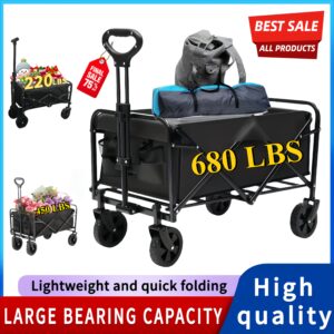 220/450/680 lb Capacity Heavy-Duty All-Terrain Folding Cart - Stainless Steel Frame and 600D Oxford Fabric, Foldable Multi-Purpose Wagon for Camping, Gardening, Beach, Shopping - No Assembly Required, Black Garden Tool Holder, Sturdy Handle Design, Durable Wheel Construction