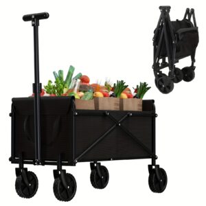 1pc 220LBS Foldable Wagon Cart, Heavy Duty Collapsible Folding Utility Garden Wagon with Wheels, Portable Camping Cart for Shopping, Sports, Picnic, Fishing, And Outdoor, Garden, Black