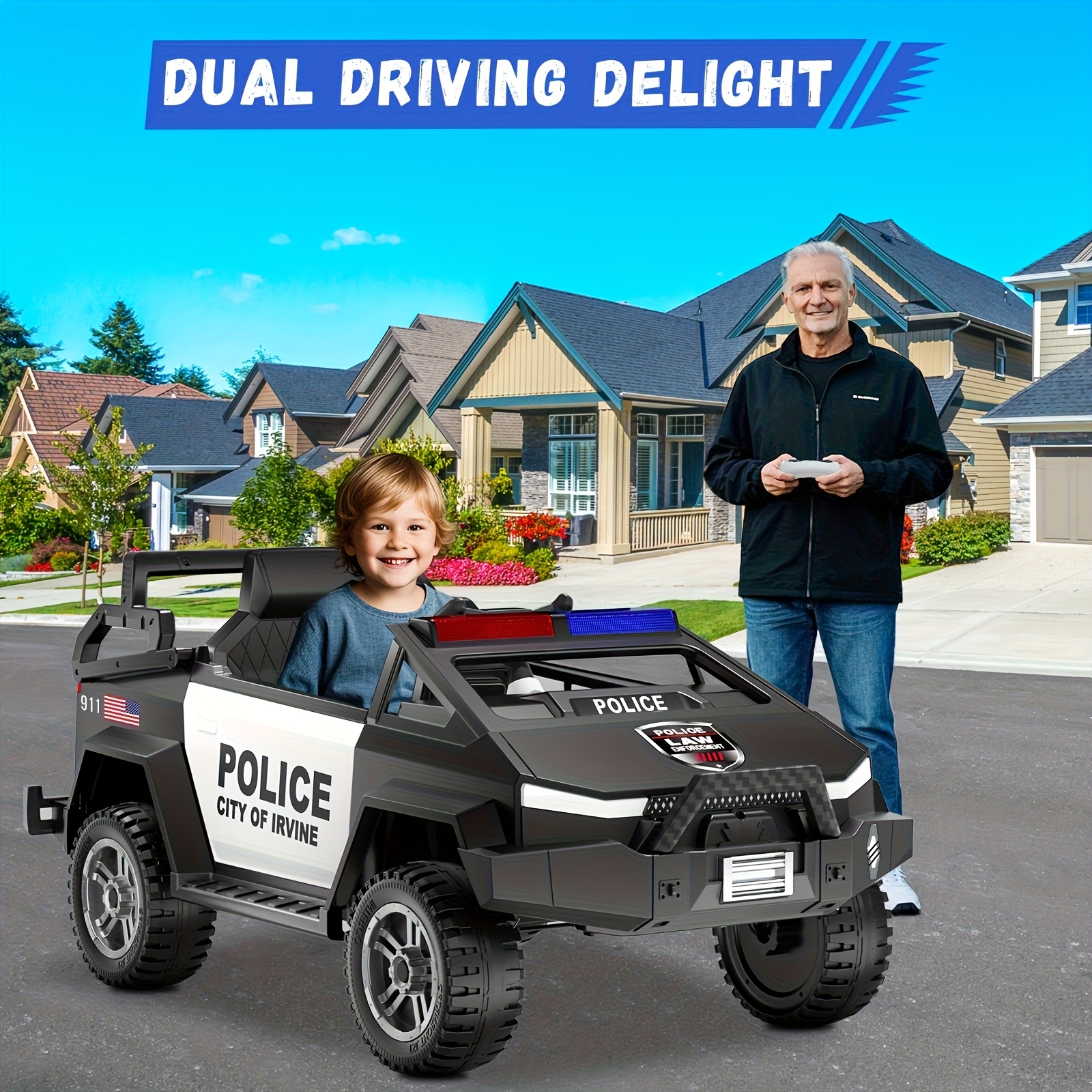 24V Kids Remote Control Police Car with Parental Remote, Siren, Flashing Lights, Spring Suspension & Realistic Design - Rechargeable 5000mAh Battery, Wireless, Gray/Black for Ages 3-8 (Birthday & Holiday Gift), Kid Car Accessories, Outdoor Play Vehicle, Authentic Cops Vehicle, Young Adventurers - Image 2