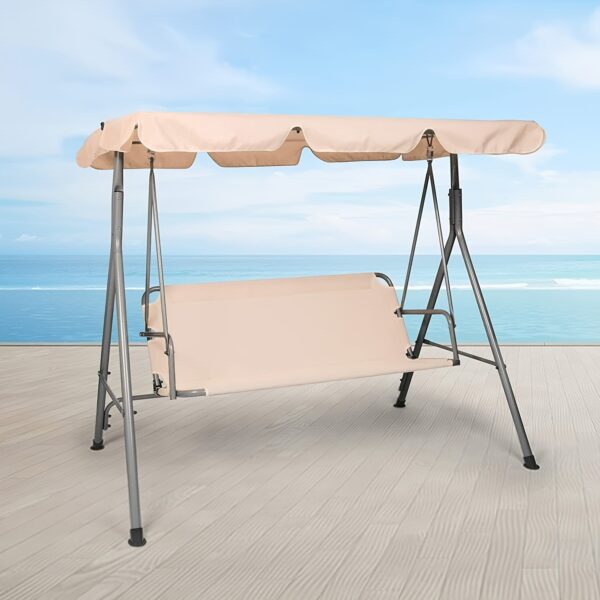[Weather Resistant Patio Swing] 3-Seat Weather Resistant Outdoor Patio Swing Chair - Adjustable Tilt Canopy, Steel Frame, Beige