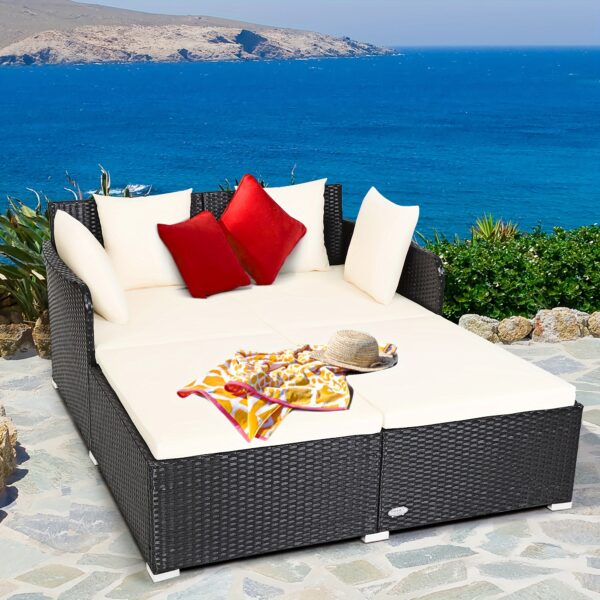 [Weather-Resistant | Rattan] Costway 2-Person Weather-Resistant Rattan Daybed with Cushions and Pillows | Modern Outdoor Sofa | Durable Patio Furniture, 800 lbs Capacity, Turquoise & Red Accents, Includes Instruction Manual - Image 10