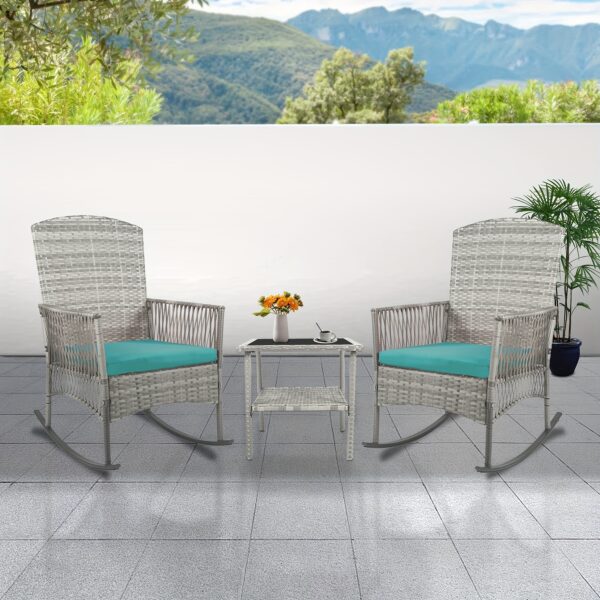 Outdoor Wicker Rocking Chair Set, 3pcs Patio Conversation Furniture Bistro Set with Glass Top Coffee Table and Cushions for Garden Porch and Balcony