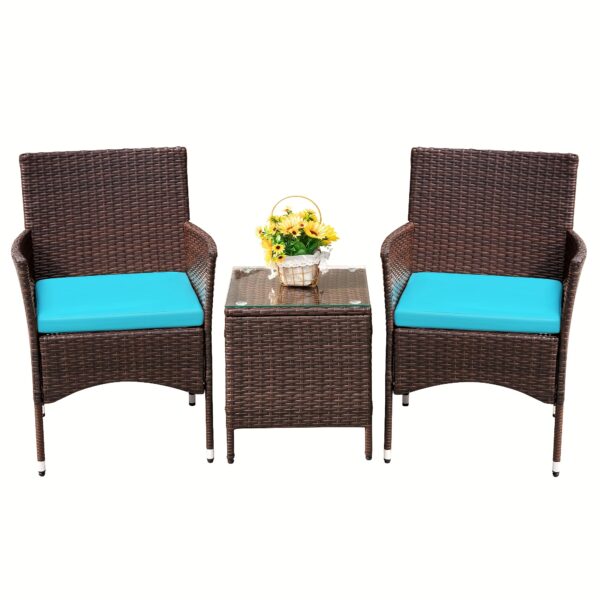 3pcs Rattan Outdoor Patio Set Wicker Conversation Set with Cushion Glass Coffee Table - Image 10