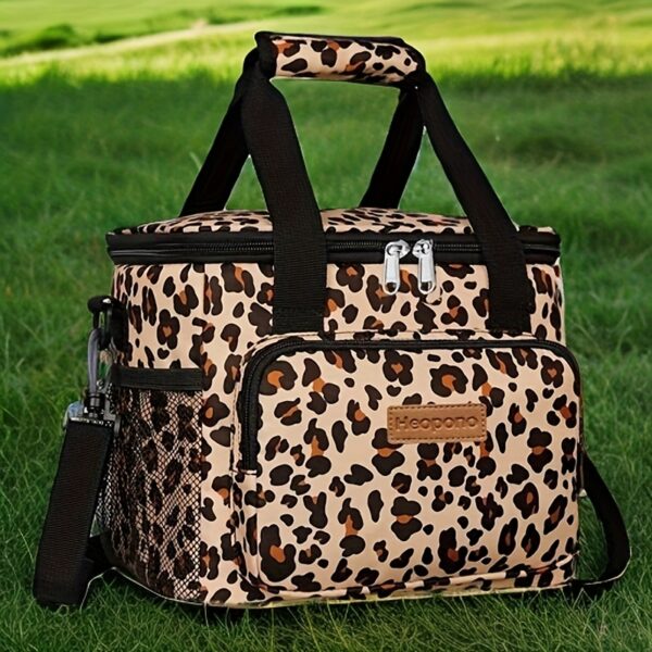 [Insulated Cooler Bag] 15-Liter Large Capacity Leopard Print Insulated Cooler Bag - Non-Food Contact, Durable Polyester with Multiple Compartments, Ideal for Outdoor Travel, Picnics, and Festivals, Picnic Essentials | Stylish Insulated Bag | Secure Zipper Closure, Cooler for Camping - Image 4