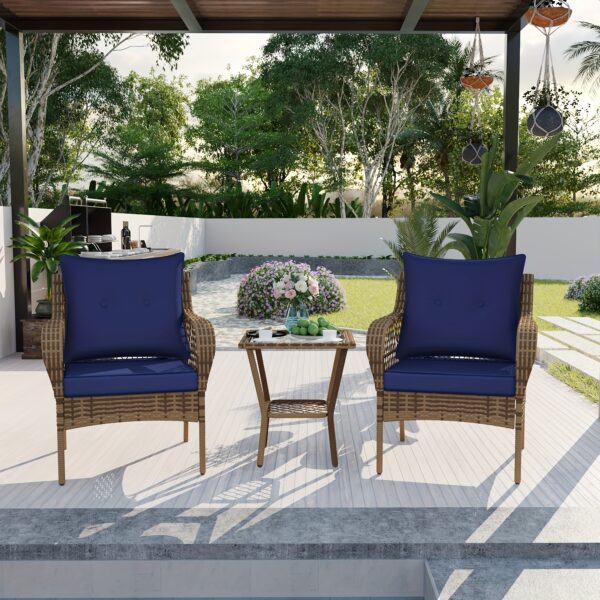 3pcs Patio Furniture Set, Outdoor Furniture With Soft Cushion And Glass Table, All-Weather Manual Weaving Wicker Rattan Patio Chairs For Garden, Backyard, Porch, Poolside - Image 2