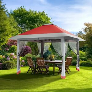 13x13ft Hard Top Pop-up Gazebo - Heavy Duty Steel Frame, UV Protected Roof And Premium Mosquito Net, Easy to Assemble Outdoor Canopy for Patio, Garden Party, Wedding And Catering (Red + Light Gray)