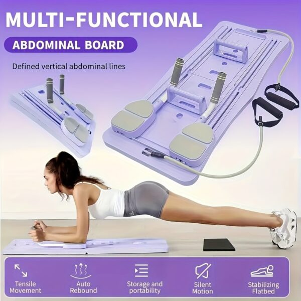 An 8-in-1 multifunctional abdominal board available in three colors, designed for core strength training and Pilates - a foldable portable home gym equipment with adjustable resistance bands, push-up bars, and straps. Includes multiple fitness tools