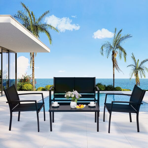 HARAISEDK 4pcs Patio Chair Set Outdoor Only Garden Patio Conversation Sets Poolside Chairs With Tempered Glass Coffee Table Loveseat Porch Outdoor Textilene Fabric Black - Image 12
