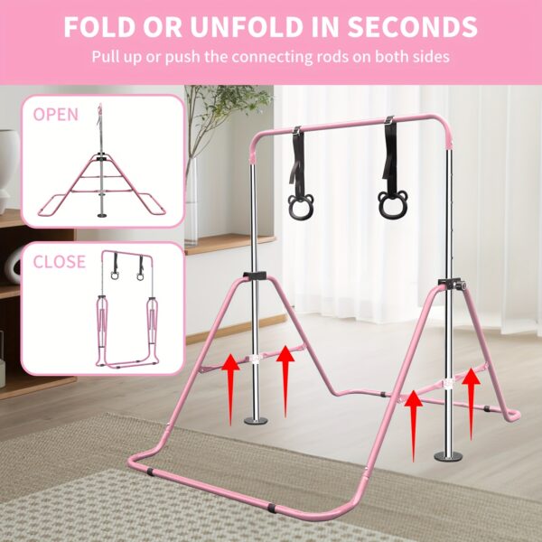 Adjustable Height Kids Monkey Bars with Bear Rings - Foldable Multifunctional Gymnastics Bar for Strength & Balance Training, Heavy-Duty Steel Home Gym Equipment with Non-Slip Base & 110 lbs Capacity, Space-Saving Design for Toddlers & Children (Purple/Green/Blue), Indoor Playset, Playful Design, Sturdy Construction - Image 11