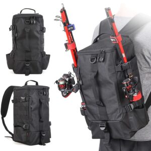[1pc Black Fishing Backpack] 1pc 17.3" x 8.6" x 7" Large Black Polyester Fishing Backpack with 2 Rod Holders | 17.4L Locker for Trout Fishing Gear, Camping, Hiking, and Outdoor Activities | Modern Durable Backpack