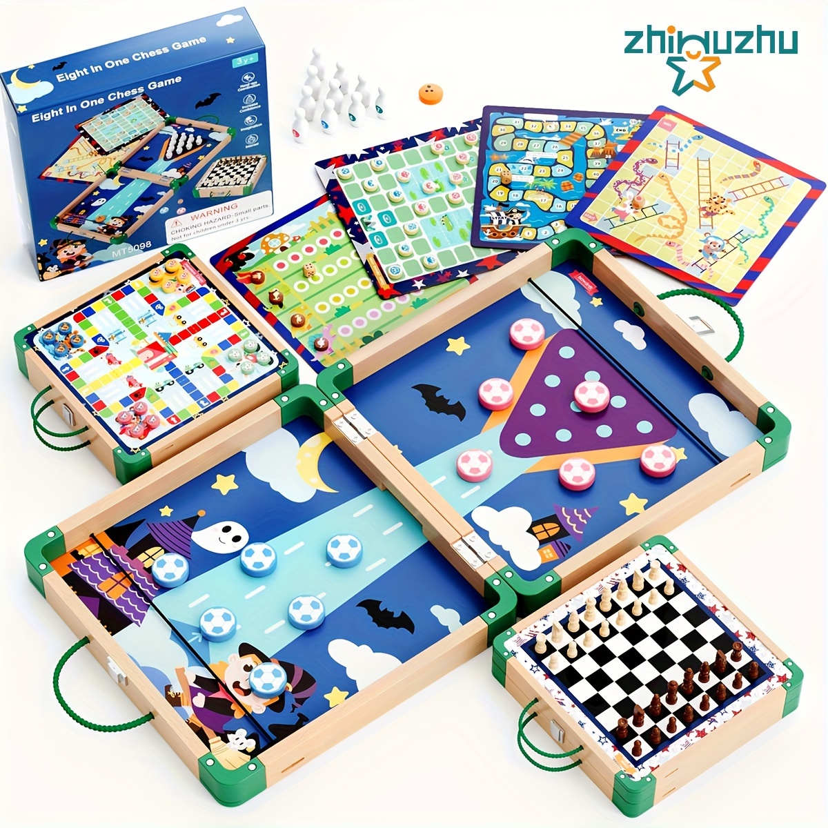 Zhiwuzhu, 8 In 1 Wooden Board Game Set, Chess Set For Kids, Sling Puck Game, Board Games For Family Night, Travel Toys For Kids Chess Toy Board Table Game