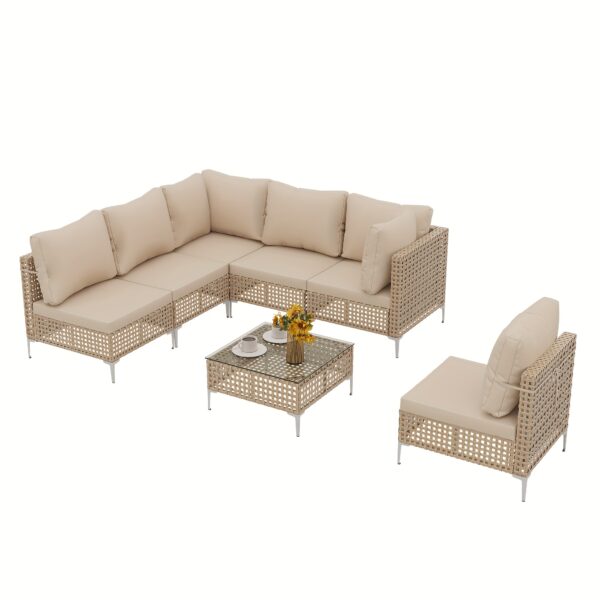 7pcs Outdoor Rattan Sofa Set with Coffee Table, Waterproof Seat Cushion, All-weather Seating - Suitable for Patios, Gardens, Poolside Outdoor Furniture - Image 3
