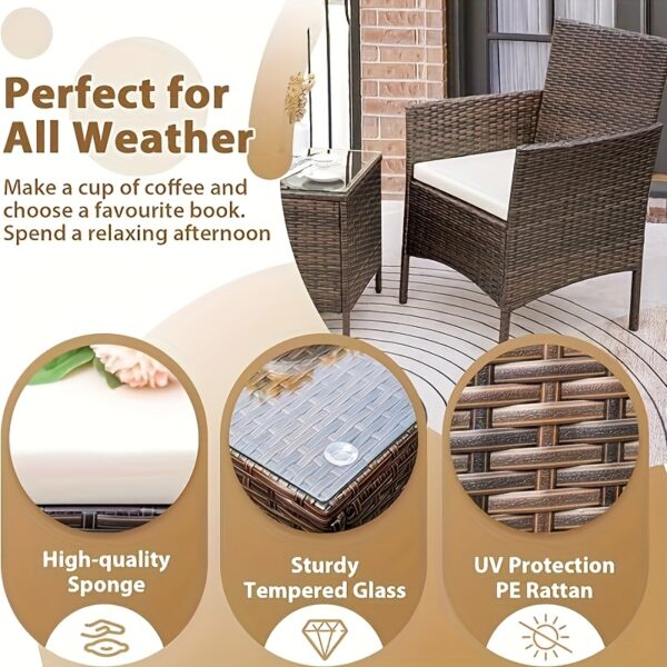 3pcs Rattan Outdoor Patio Set Wicker Conversation Set with Cushion Glass Coffee Table - Image 6