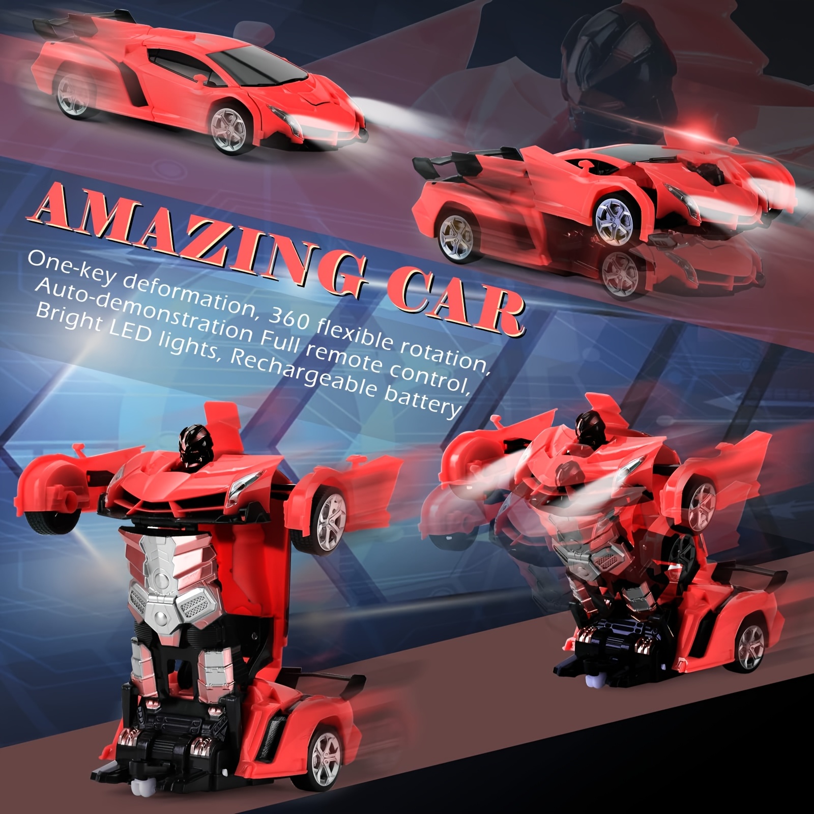 Red Transforming Robot Car With LED Headlights, 2.4Ghz Remote Control, 360° Rotating Drift, One-Button Deformation, Cool Flashing Lights, Durable ABS Plastic, Perfect Gift For Boys And Girls - Image 8