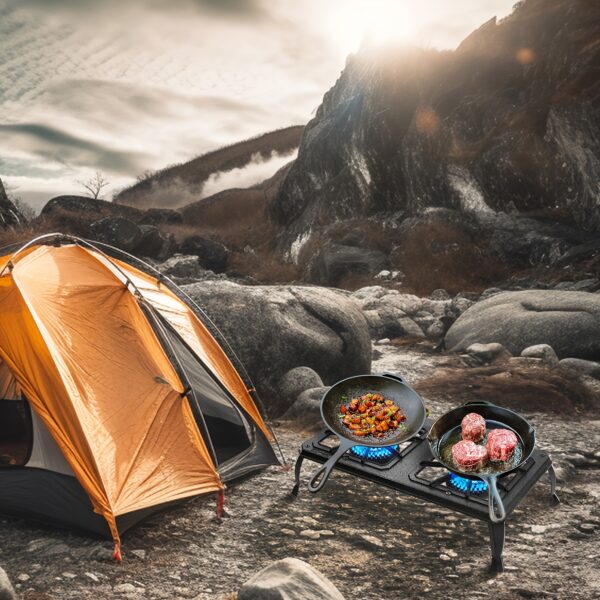 Vivicreate Dual Burner Portable Propane Camping Stove with Cast Iron Griddle, Regulator & Hose, Electronic Ignition, Compact Design for Camping, BBQ, Tactical Cooking - Outdoor Gear Essential, Camping Stove Portable, Tactical Cooking Gear, Durable Construction