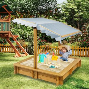 KETIVE Wooden Sandbox With Cover, Outdoor Kids Sand Box With Lid 4 Reinforced Bench Seats & UV-Resistant, Height Adjustable Canopy All-Round Bottom Liner Outdoor For Backyard Beach (45.3'' X 45.3'')