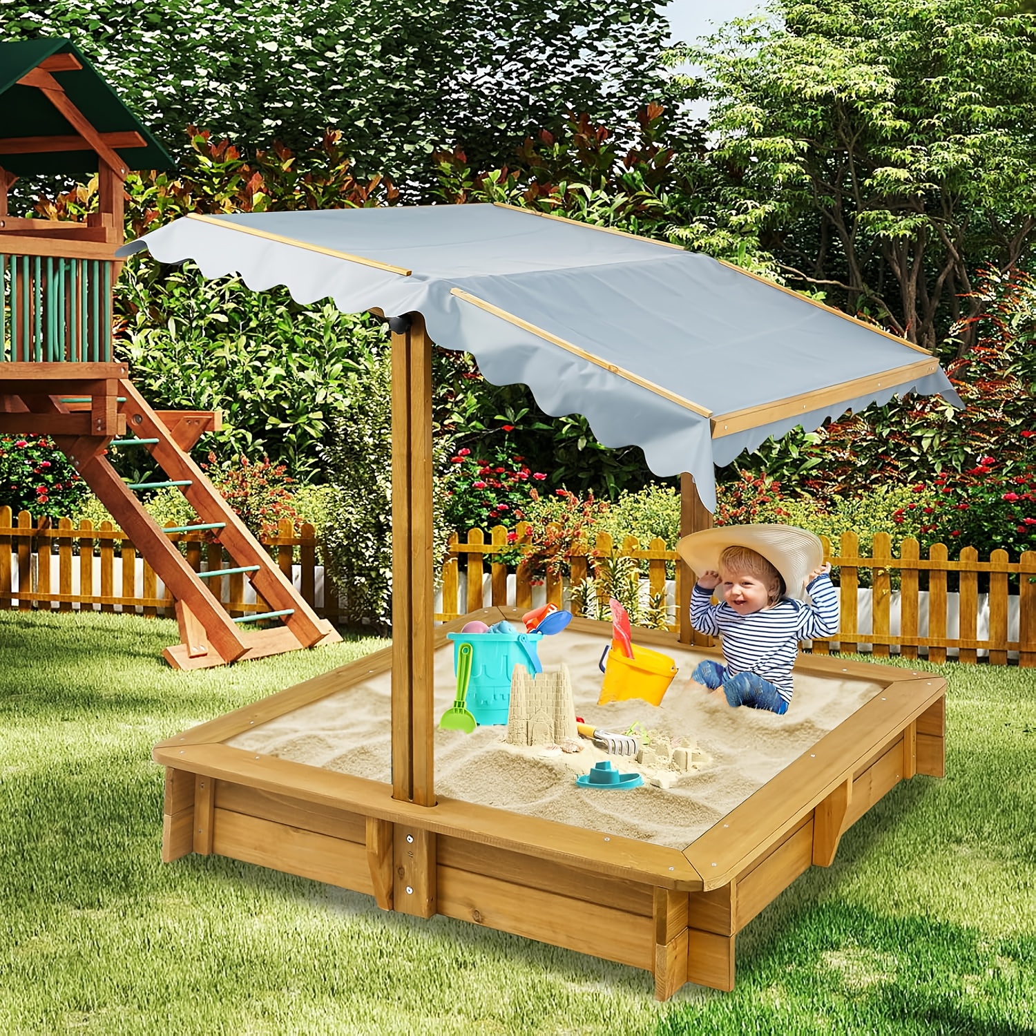KETIVE Wooden Sandbox With Cover, Outdoor Kids Sand Box With Lid 4 Reinforced Bench Seats & UV-Resistant, Height Adjustable Canopy All-Round Bottom Liner Outdoor For Backyard Beach (45.3'' X 45.3'')