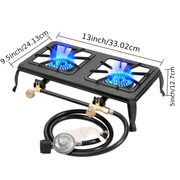 Vivicreate Dual Burner Portable Propane Camping Stove with Cast Iron Griddle, Regulator & Hose, Electronic Ignition, Compact Design for Camping, BBQ, Tactical Cooking - Outdoor Gear Essential, Camping Stove Portable, Tactical Cooking Gear, Durable Construction - Image 2