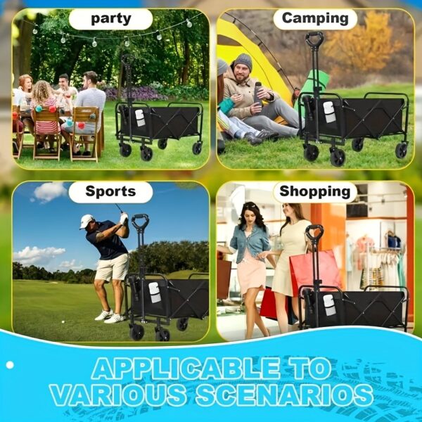 [Heavy Duty Hand Truck] 1pc Heavy Duty Foldable Hand Truck | 330/450/600 lbs Load Capacity, All-terrain Wheels, 27.56'' Interior Space | Great for BBQ, Outdoor Activities, Pet Transport, Beach, Lawn, Camping and Shopping - Black - Image 8