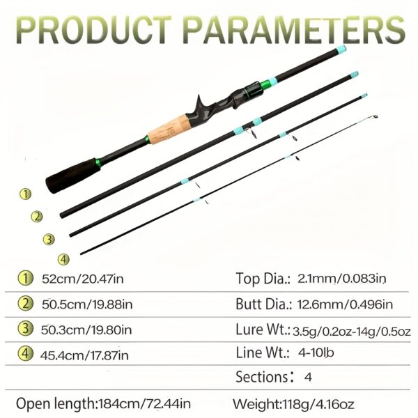 [GHOTDA Fishing Rod] GHOTDA Carbon Fishing Rod Set | Spinning Casting 1.8m Portable Travel Rod Lure Fishing Rods Surfcasting Shore Pole 4 Sections, 7.2:1 Baitcasting Reel Left/ Right, PE Fishing Line 100m - Image 4