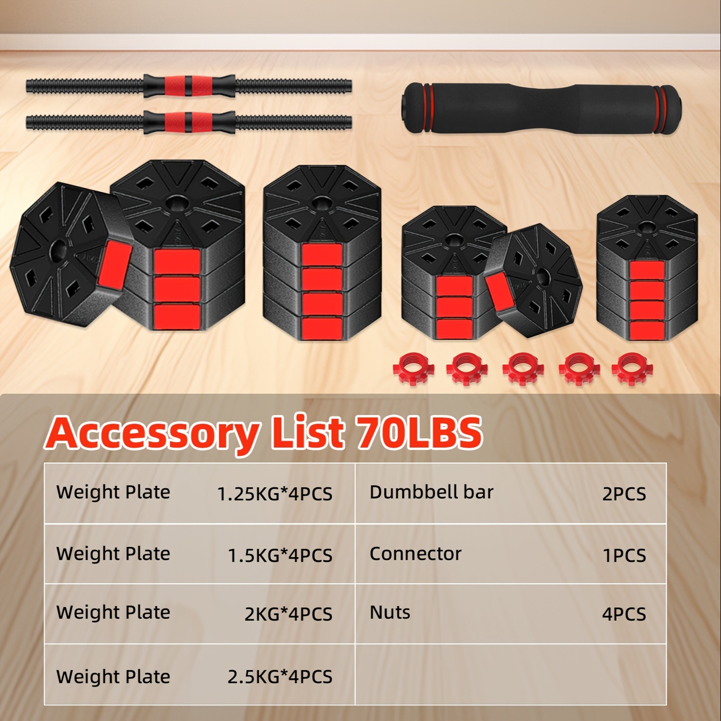 Adjustable Dumbbells Set, 20lbs/70lbs Weight Plate with Connector Used As Barbell, Fitness Strength Exercises for Home Gym, Red - Image 5