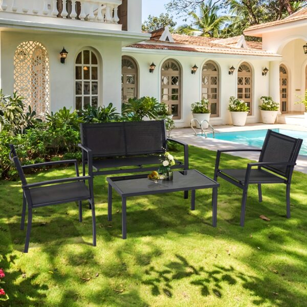 HARAISEDK 4pcs Patio Chair Set Outdoor Only Garden Patio Conversation Sets Poolside Chairs With Tempered Glass Coffee Table Loveseat Porch Outdoor Textilene Fabric Black - Image 10