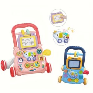 2-in-1 Youngsters Push Walker & Sit-to-Stand Learning Activity Center with Wheels, Interactive Buttons, Animal & Number Puzzles, Music, Durable PVC, Red/Blue – Educational Gift for Youngsters Boys Girls, Youngsters Walker