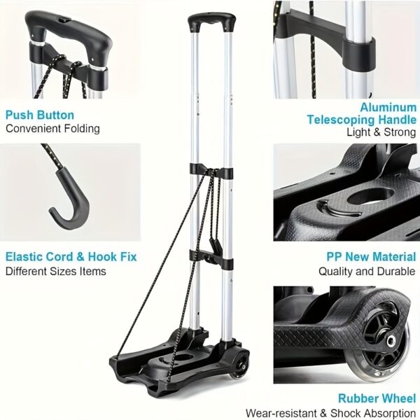 [Folding Hand Truck Dolly] 1pc Lightweight Aluminum Folding Hand Truck Dolly with 2 Wheels - Portable, Collapsible Luggage Cart for Airport Travel & Moving, Black, Travel Essentials|Ergonomic Handle|Durable Plastic Base, Travel Cart - Image 5
