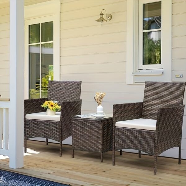 3pcs Rattan Outdoor Patio Set Wicker Conversation Set with Cushion Glass Coffee Table - Image 2
