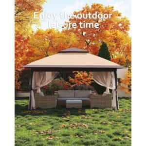 [12x12 Pop Up Gazebo] 12x12 Instant Pop Up Gazebo Canopy Tent | Netting, 4 Stanbags, Outdoor Shelter for Lawn, Garden, Backyard, Deck (Khaki + Dark Khaki)