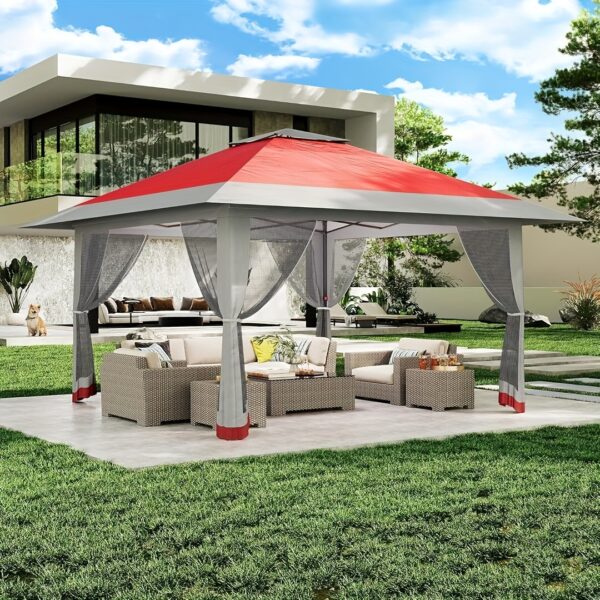13x13ft Instant Pop-Up Gazebo with Mosquito Net & Double Roof, Adjustable Height UV-Resistant Canopy Tent, Red & Light Gray Outdoor Shelter for Patio, Backyard, Camping, Garden, Outdoor Tent Canopy, Patio Shelter, Elegant Patio Cover, Outdoor Canopy, Foldable Gazebo, Lightweight Tent, Outdoor Shade, Outdoor Enthusiasts