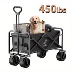 Aoran Folding Utility Cart with All-Terrain Wheels, 450 lbs Capacity, Black Collapsible Wagon with Side Pockets & Brake, Portable for Camping, Garden, Sports & Shopping, Rolling Storage Cart