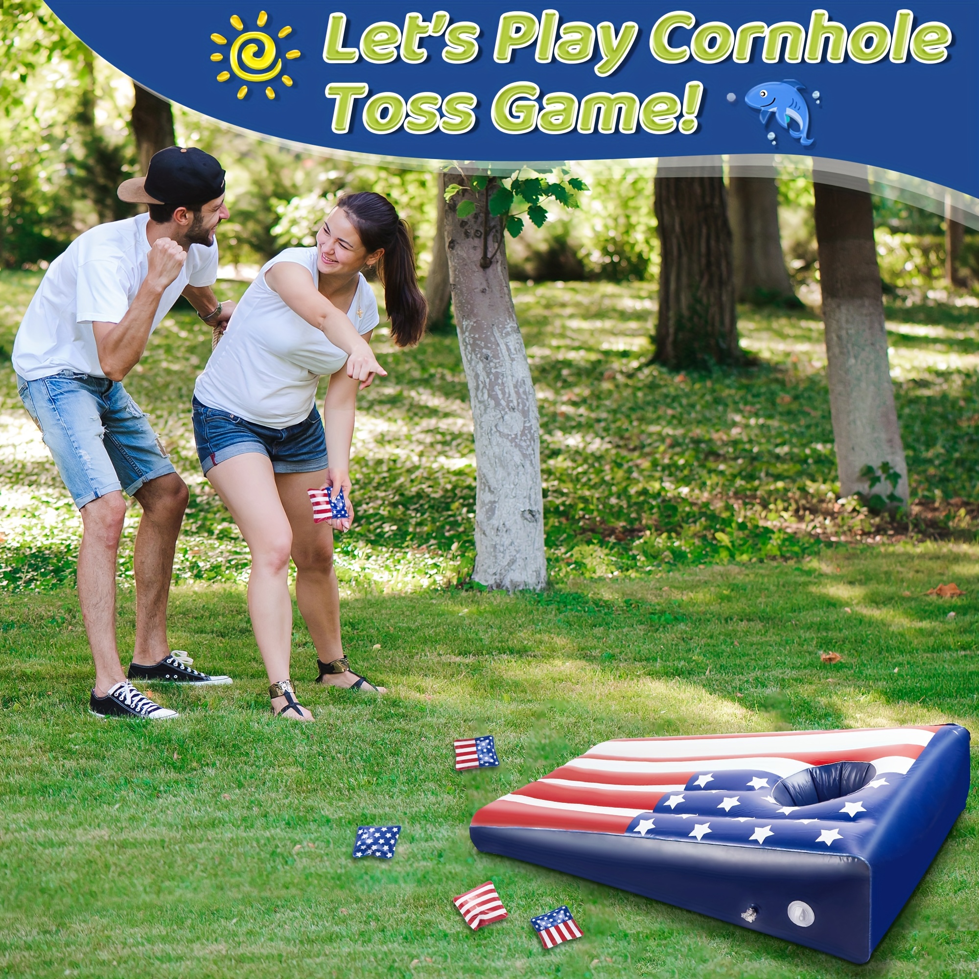 Pool Cornhole Inflatable Bean Bag Toss Game 2 Sets, Independence Day Swimming Pool Game for Teens, Adults and Family, American Flag Theme Water Floating Cornhole Toy with 8 Bean Bags for Party Packs - Image 4
