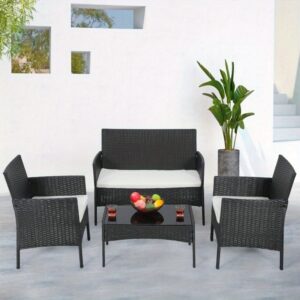 MoNiBloom 4pcs Outdoor Patio Furniture Set, Wicker Rattan Patio Conversation Set, Outdoor Chairs and Loveseat with Coffee Table for Porch, Yard & Poolside