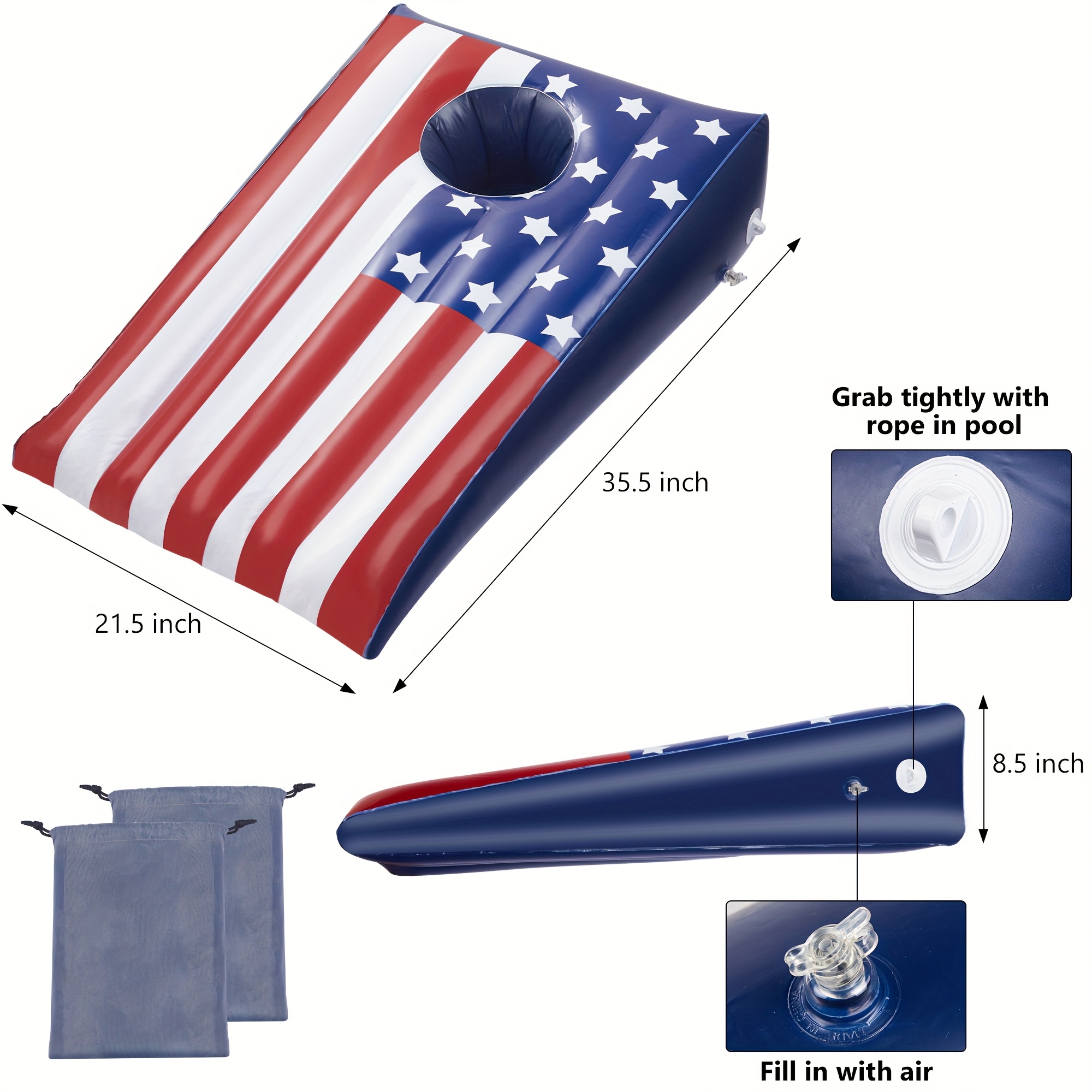 Pool Cornhole Inflatable Bean Bag Toss Game 2 Sets, Independence Day Swimming Pool Game for Teens, Adults and Family, American Flag Theme Water Floating Cornhole Toy with 8 Bean Bags for Party Packs - Image 3