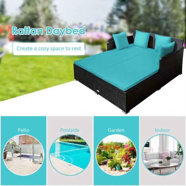 [Weather-Resistant | Rattan] Costway 2-Person Weather-Resistant Rattan Daybed with Cushions and Pillows | Modern Outdoor Sofa | Durable Patio Furniture, 800 lbs Capacity, Turquoise & Red Accents, Includes Instruction Manual - Image 12