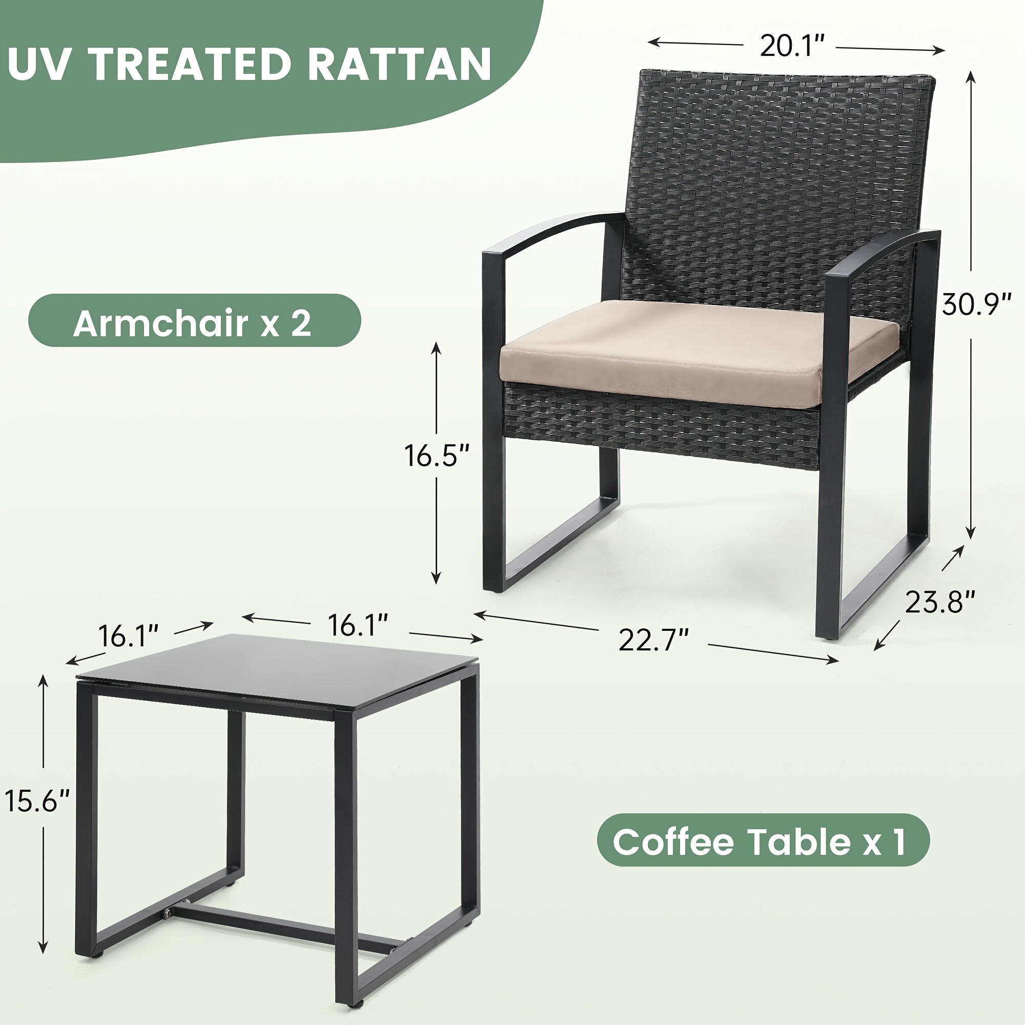 Outdoor Patio Furniture Set, Wicker for 3 People Conversation Set Includes 2 Waterproof Chairs, Thick Cushions and 1 Small Bar Table, Safety Glass Roof - Image 3