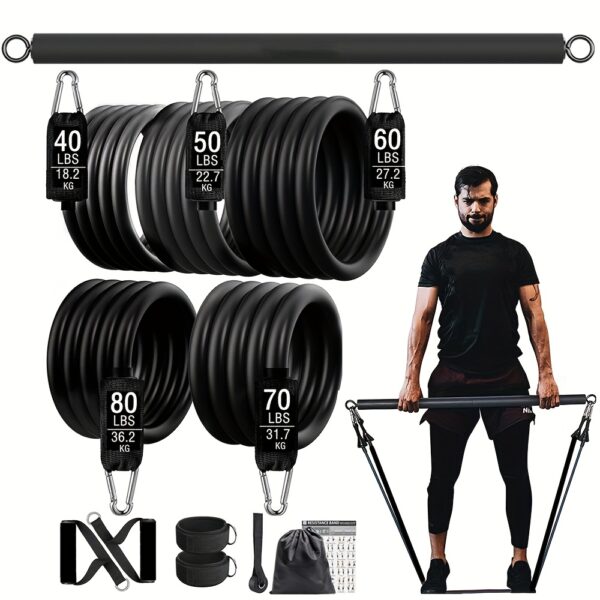[Heavy Tension Workout Bar] 300lbs Anti-snap Heavy Tension Workout Bar Fitness Resistance Bands Set - Latex Fabric, Black Color, Pilates Yoga Pull Rope Exercise Training Expander Gym Equipment for Home Bodybuilding