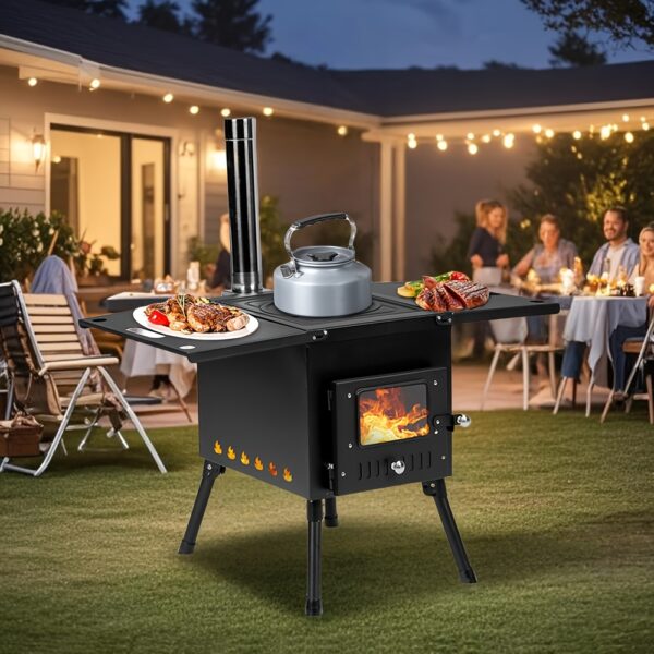 [Wood Stove] Portable Wood Burning Stove | Camping Wood Stove, Outdoor Tent Stove With Stainless Chimney Pipes, Tent Stove Jack & Gloves For Outdoor Camping Cooking And Heating (Black) - Image 2