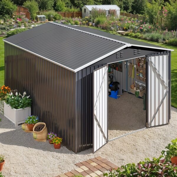 [Black Metal Storage Shed] 10 x 14ft Black Metal Outdoor Storage Shed - Durable & Weatherproof Tool Shed for Backyard, Garden, or Patio - Ample Storage & Perfect Gift for Boyfriend or Husband - Image 3