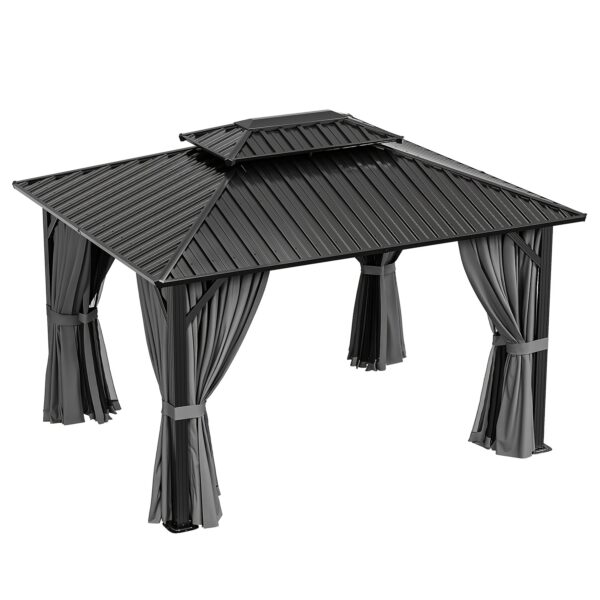 10'x12' Hardtop Gazebo with Aluminum Frame, Double Galvanized Steel Roof, Netting & Curtains, Outdoor Pavilion for Backyard, Patio & Deck - Image 11