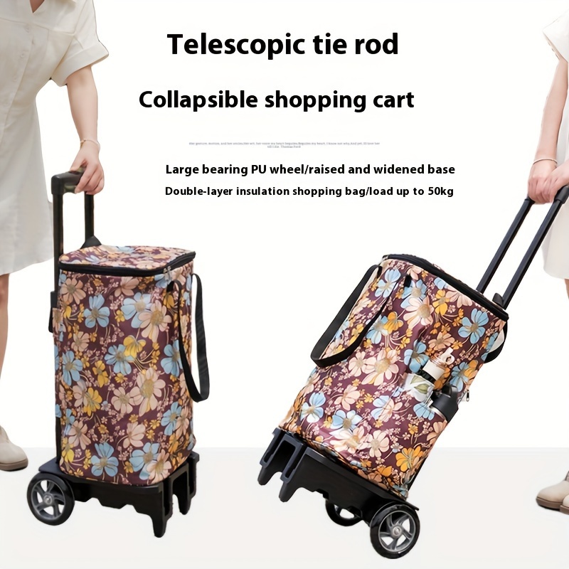 Collapsible Shopping Cart with Telescopic Tie Rod: Large Bearing PU Wheel, Raised and Widened Base, Double-Layer Insulation, Load up to 110.23LB