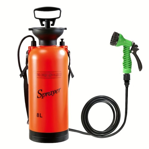 [Portable Sprayer] SPRAVER 1.3/2 Gallon High-Pressure Sprayer | Portable Camping Shower with 7 Spray Modes, Removable Hose & Shower Head - Ideal for Outdoor Travel, Hiking, and Pet Bathing - Orange Plastic Design - Image 3
