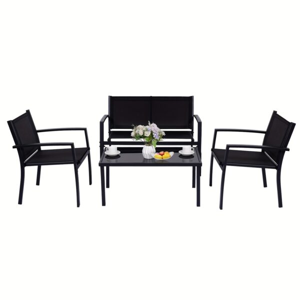 HARAISEDK 4pcs Patio Chair Set Outdoor Only Garden Patio Conversation Sets Poolside Chairs With Tempered Glass Coffee Table Loveseat Porch Outdoor Textilene Fabric Black