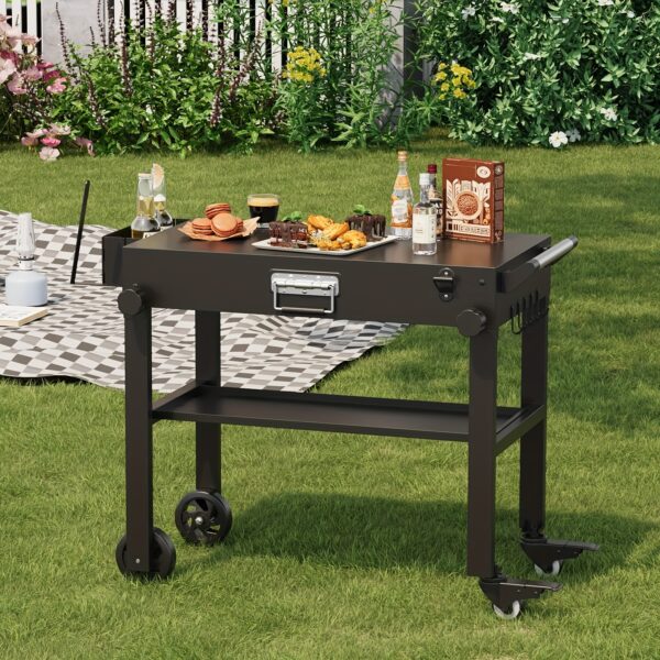 Heavy-Duty Iron Outdoor Folding Dining Cart - Foldable Portable Grill Cart with 4 Swivel Casters, 500lb Capacity, All-Terrain Wheels & Storage Basket for Camping, Picnics, Tailgating, Picnic Essentials, Foldable Design, Robust Construction - Image 4