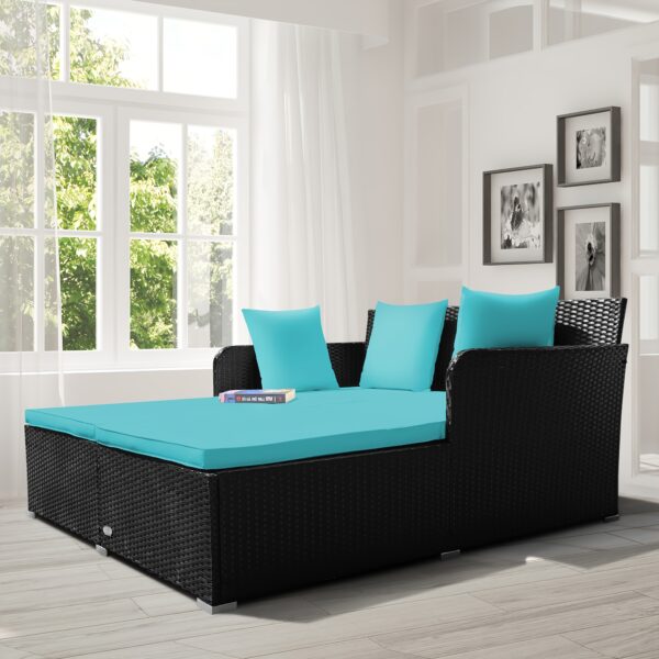 [Weather-Resistant | Rattan] Costway 2-Person Weather-Resistant Rattan Daybed with Cushions and Pillows | Modern Outdoor Sofa | Durable Patio Furniture, 800 lbs Capacity, Turquoise & Red Accents, Includes Instruction Manual - Image 2